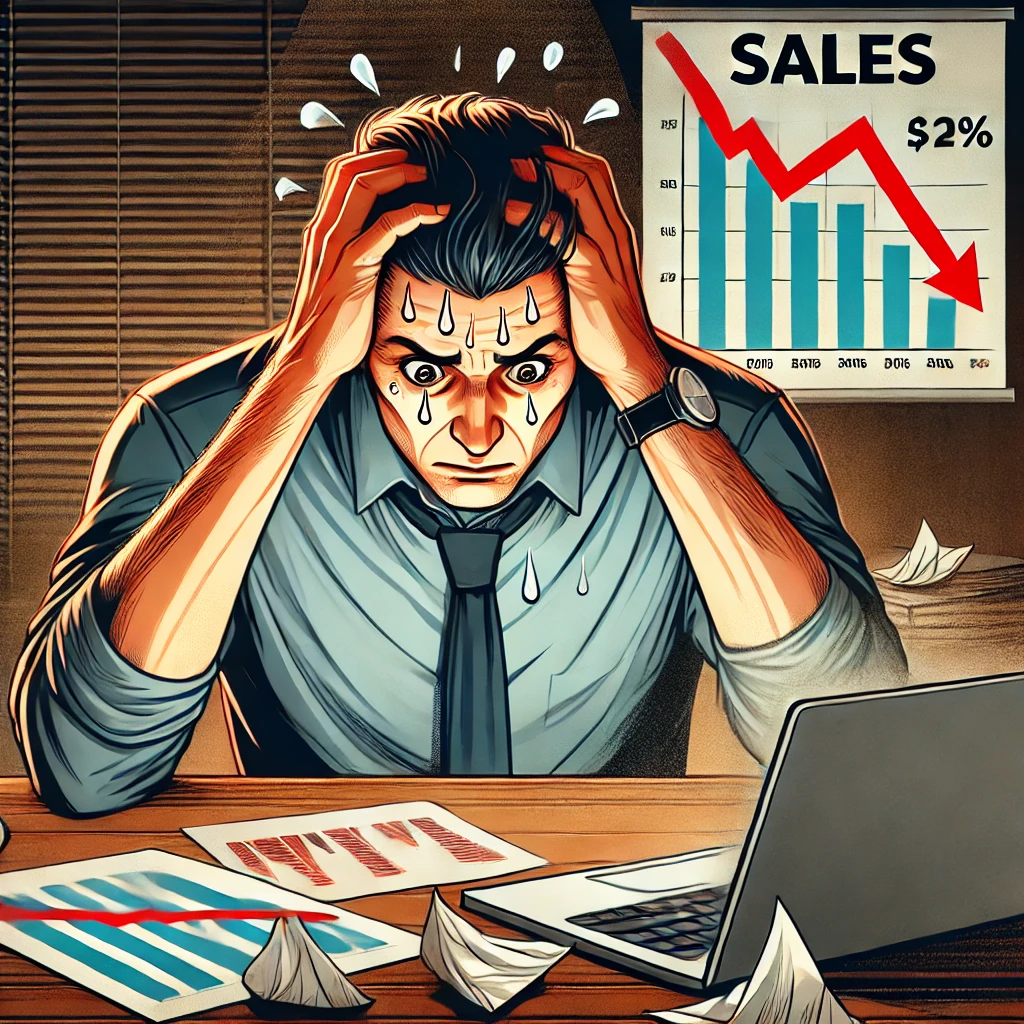売り上げが下がって焦っている男
